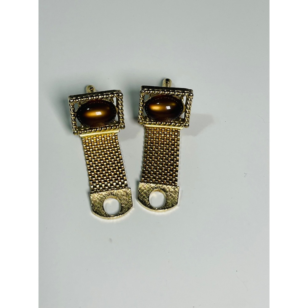 Vintage Swank Gold Tone Mesh Wrap Cufflinks Brown Tigers Eye Cabochon Mens